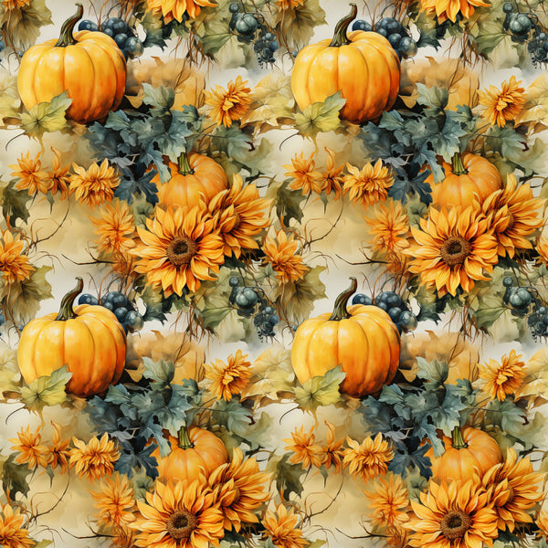 golden yellow, burnt orange, sage green, dusty blue, cream, floral, sunflower, pumpkin, autumn, fall, harvest, thanksgiving, nature, botanical, rustic, farmhouse, traditional, vintage, sunflowers, pumpkins, grapes, leaves, seasonal, home decor, cozy, warm tones, garden theme, country style