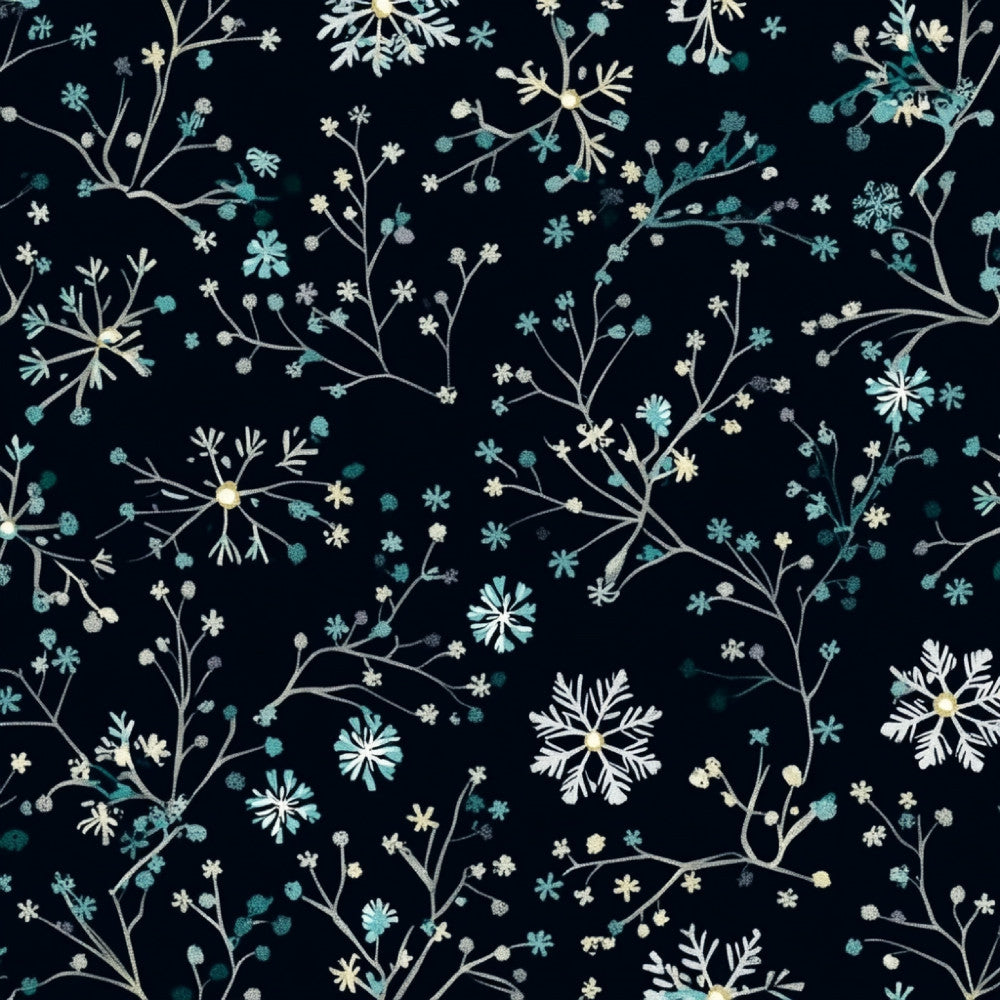 navy blue, dark navy, teal, turquoise, cream, ivory, pale yellow, winter floral, botanical, delicate flowers, snowflakes, winter branches, celestial, night sky, elegant, whimsical, modern, sophisticated, nature-inspired, botanical print, small flowers, detailed florals, winter theme, holiday, christmas, frosty, starry night, garden, enchanted forest, dreamy