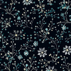 navy blue, dark navy, teal, turquoise, cream, ivory, pale yellow, winter floral, botanical, delicate flowers, snowflakes, winter branches, celestial, night sky, elegant, whimsical, modern, sophisticated, nature-inspired, botanical print, small flowers, detailed florals, winter theme, holiday, christmas, frosty, starry night, garden, enchanted forest, dreamy