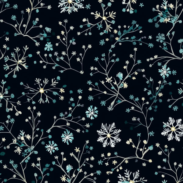 navy blue, dark navy, teal, turquoise, cream, ivory, pale yellow, winter floral, botanical, delicate flowers, snowflakes, winter branches, celestial, night sky, elegant, whimsical, modern, sophisticated, nature-inspired, botanical print, small flowers, detailed florals, winter theme, holiday, christmas, frosty, starry night, garden, enchanted forest, dreamy