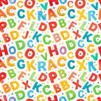 alphabet letters, colorful letters, red, blue, green, yellow, orange, scattered pattern, educational theme, back to school,, fabric panel, children's fabric, bright colors, learning motif, random placement, multicolored, school supplies theme, cotton fabric, craft fabric