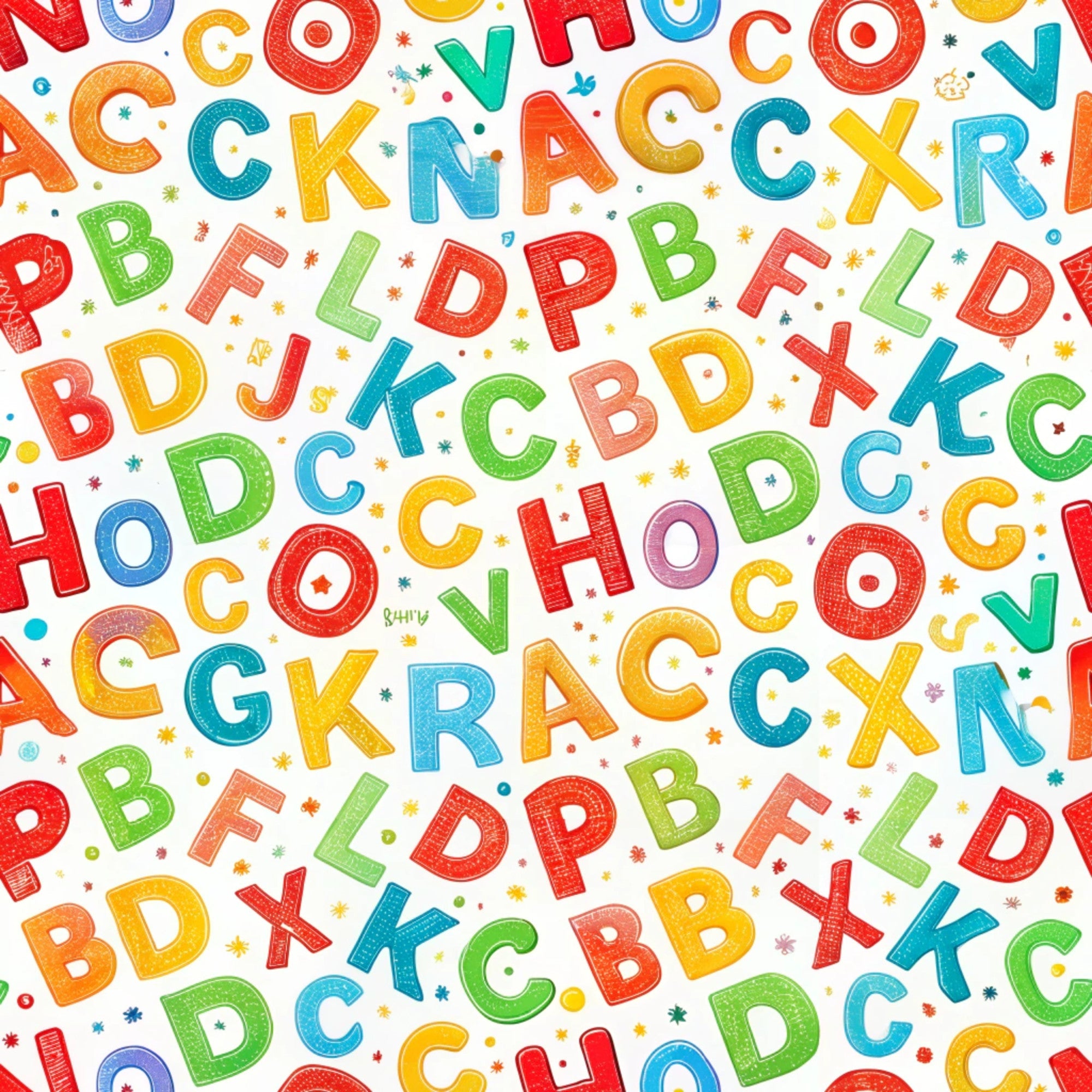 alphabet letters, colorful letters, red, blue, green, yellow, orange, scattered pattern, educational theme, back to school,, fabric panel, children's fabric, bright colors, learning motif, random placement, multicolored, school supplies theme, cotton fabric, craft fabric