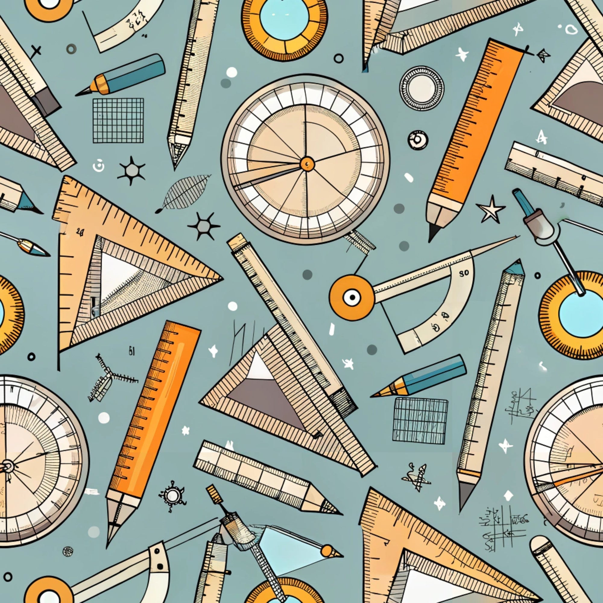 sage green, orange, cream, beige, geometric tools, rulers, compasses, protractors, pencils, triangular rulers, measuring instruments, math tools, drafting supplies, school supplies, educational theme, seamless pattern, vintage style, hand-drawn illustration,, fabric panel, back to school, academic motif, technical drawing, scattered layout