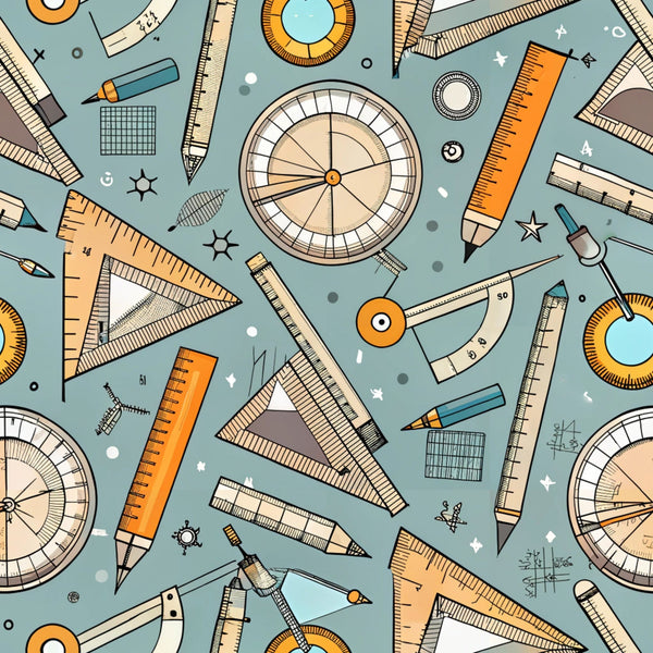 sage green, orange, cream, beige, geometric tools, rulers, compasses, protractors, pencils, triangular rulers, measuring instruments, math tools, drafting supplies, school supplies, educational theme, seamless pattern, vintage style, hand-drawn illustration,, fabric panel, back to school, academic motif, technical drawing, scattered layout