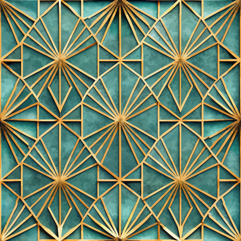 teal, gold, geometric pattern, art deco, starburst design, radial lines, angular shapes, diamond motifs, luxury aesthetic,, fabric panel, repeating pattern, metallic accents, sophisticated design, decorative elements, symmetrical layout, ornate details