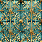 teal, gold, geometric pattern, art deco, starburst design, radial lines, angular shapes, diamond motifs, luxury aesthetic,, fabric panel, repeating pattern, metallic accents, sophisticated design, decorative elements, symmetrical layout, ornate details