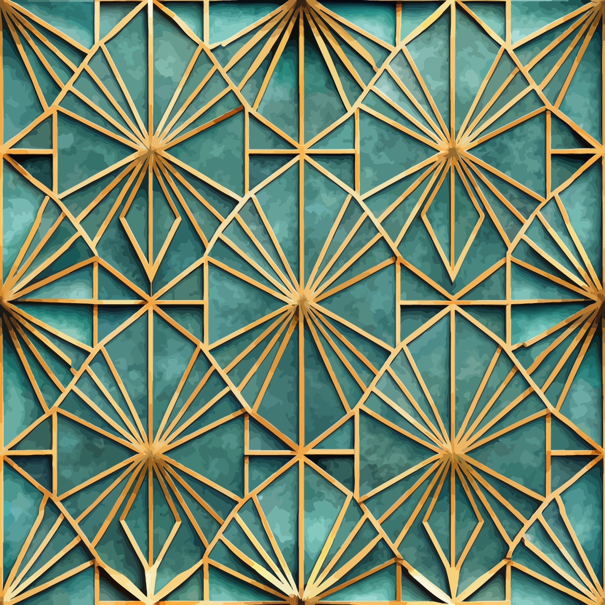 teal, gold, geometric pattern, art deco, starburst design, radial lines, angular shapes, diamond motifs, luxury aesthetic,, fabric panel, repeating pattern, metallic accents, sophisticated design, decorative elements, symmetrical layout, ornate details