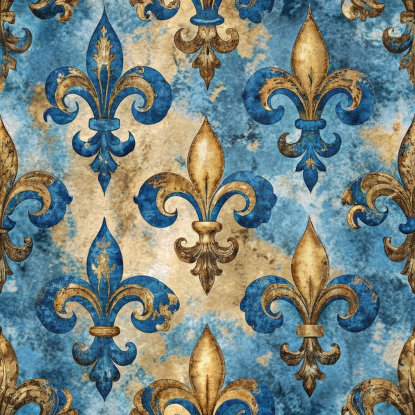 royal blue, gold, cream, antique gold, turquoise, deep blue, fleur de lis, damask, ornamental, vintage, elegant, traditional, french, luxurious, distressed, weathered, heraldic, baroque, rococo, ornate, regal, sophisticated, classic, timeless, european, decorative, symmetrical, coat of arms, iris motif, renaissance