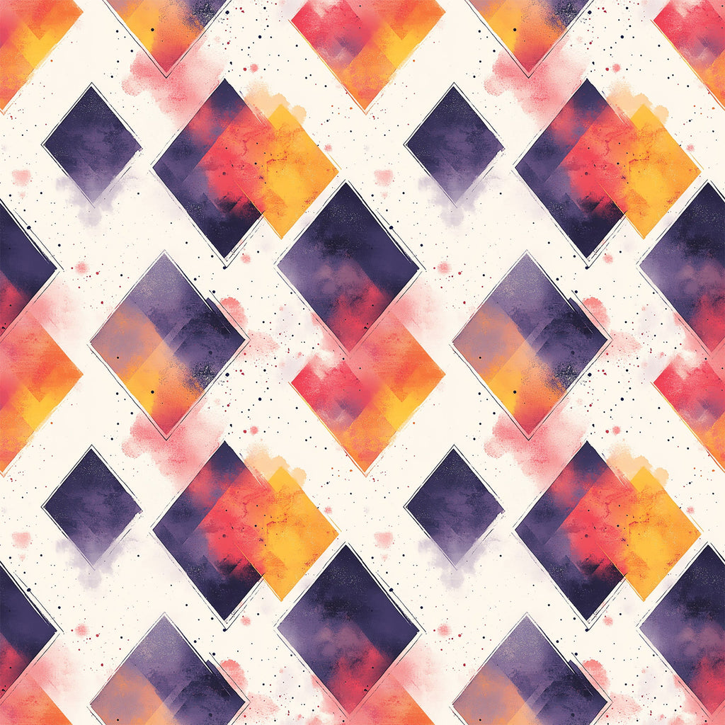 orange, purple, yellow, pink, cream, geometric diamonds, watercolor effect, mid century modern, abstract pattern, gradient colors, speckled texture, diamond shapes, contemporary design,, fabric panel, sunset colors, overlapping squares, modern geometric, artistic blocks, vibrant hues