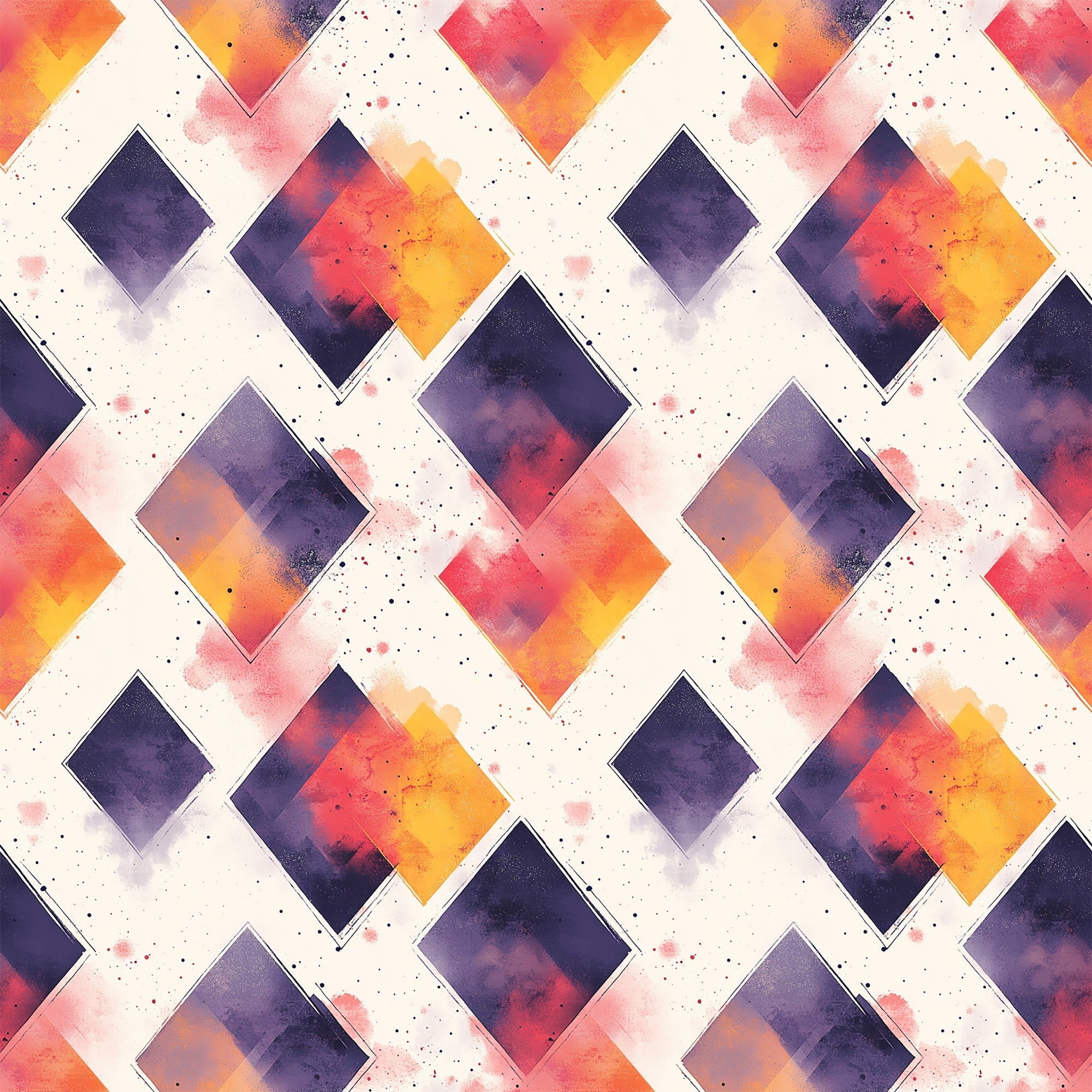 orange, purple, yellow, pink, cream, geometric diamonds, watercolor effect, mid century modern, abstract pattern, gradient colors, speckled texture, diamond shapes, contemporary design,, fabric panel, sunset colors, overlapping squares, modern geometric, artistic blocks, vibrant hues