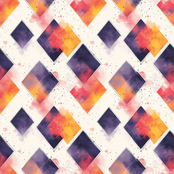 orange, purple, yellow, pink, cream, geometric diamonds, watercolor effect, mid century modern, abstract pattern, gradient colors, speckled texture, diamond shapes, contemporary design,, fabric panel, sunset colors, overlapping squares, modern geometric, artistic blocks, vibrant hues