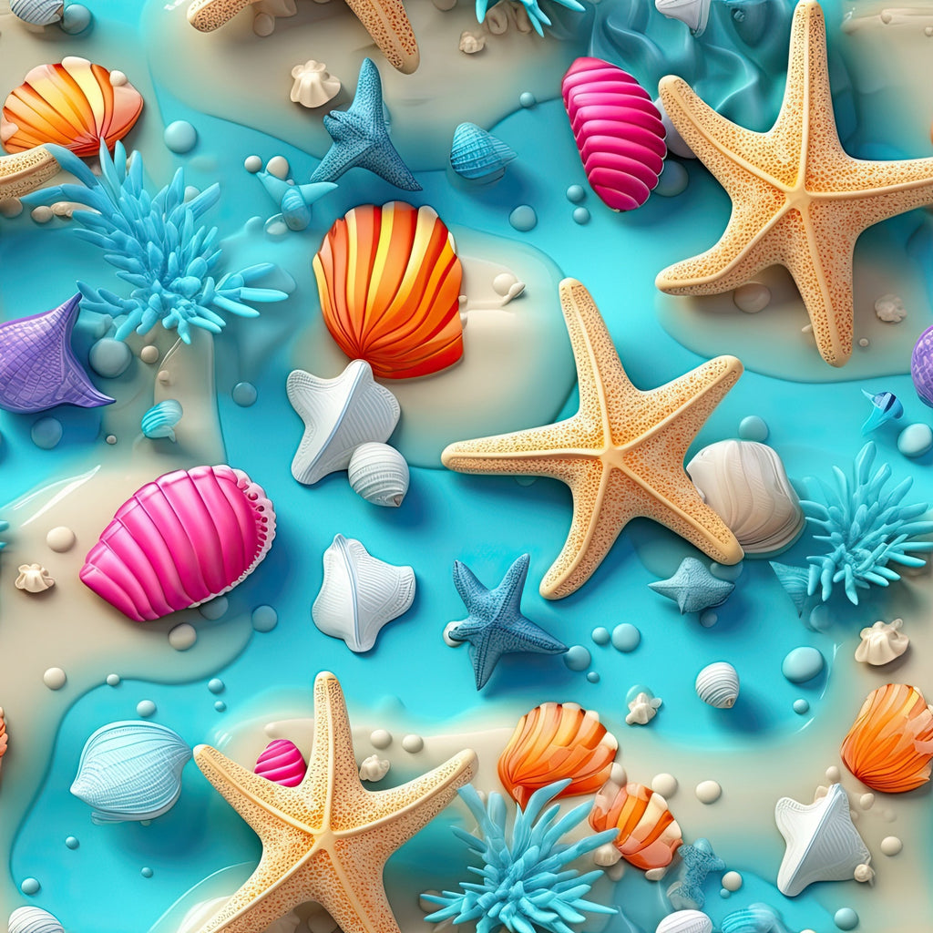 turquoise, coral pink, orange, yellow, blue, starfish, seashells, sea anemones, underwater scene, ocean life, marine creatures, vibrant colors, tropical, beach theme, summer,, fabric panel, seamless pattern, coastal design, aquatic motif