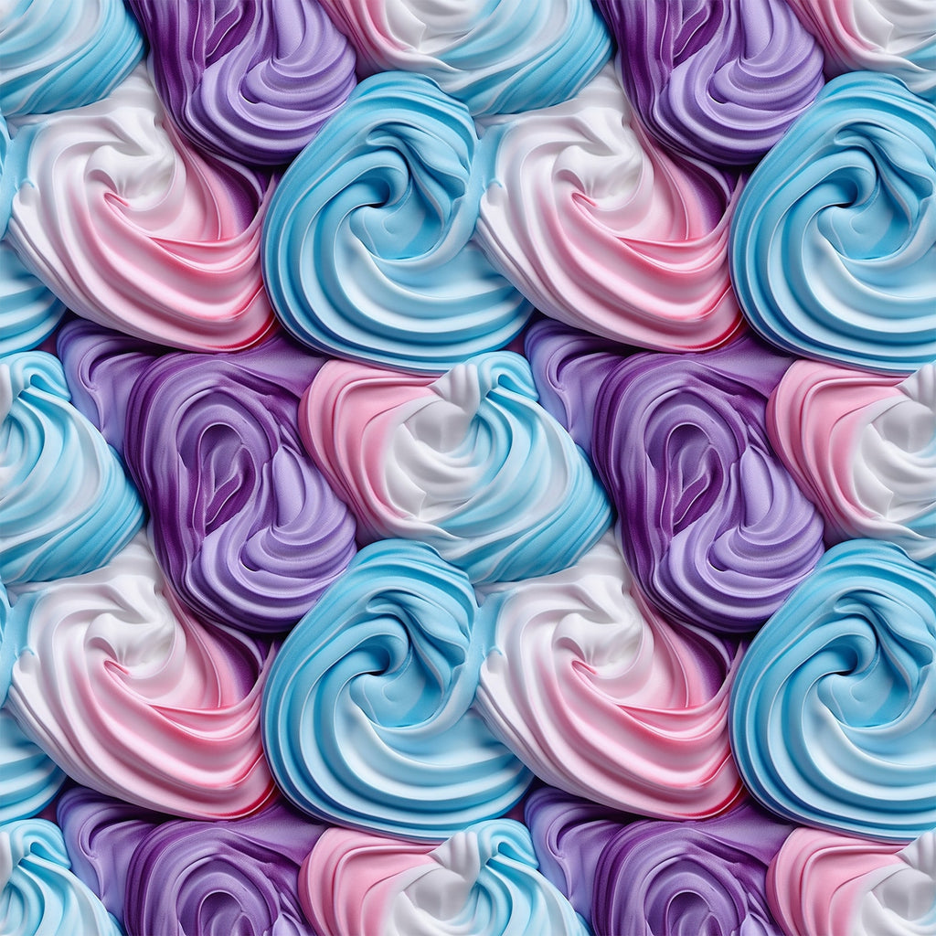 frosting swirls, meringue pattern, pastel colors, lavender purple, sky blue, soft pink, white cream, spiral design, whipped texture, dessert motif, bakery theme, sweet treats,, fabric panel, repetitive pattern, confectionery art, sugar swirls, creamy texture, food illustration, seamless repeat