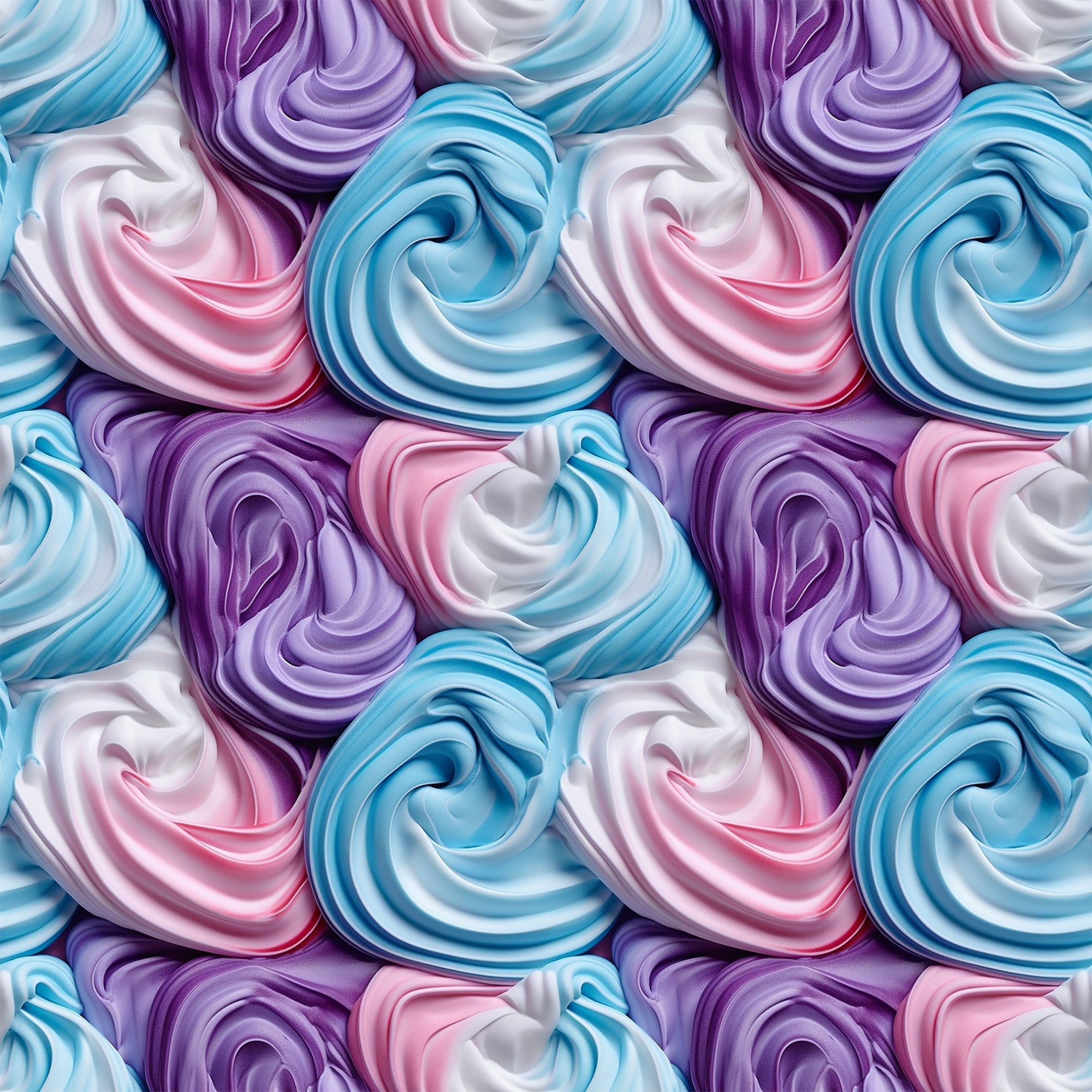 frosting swirls, meringue pattern, pastel colors, lavender purple, sky blue, soft pink, white cream, spiral design, whipped texture, dessert motif, bakery theme, sweet treats,, fabric panel, repetitive pattern, confectionery art, sugar swirls, creamy texture, food illustration, seamless repeat