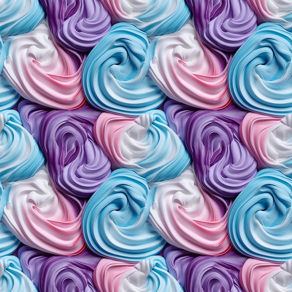 frosting swirls, meringue pattern, pastel colors, lavender purple, sky blue, soft pink, white cream, spiral design, whipped texture, dessert motif, bakery theme, sweet treats,, fabric panel, repetitive pattern, confectionery art, sugar swirls, creamy texture, food illustration, seamless repeat