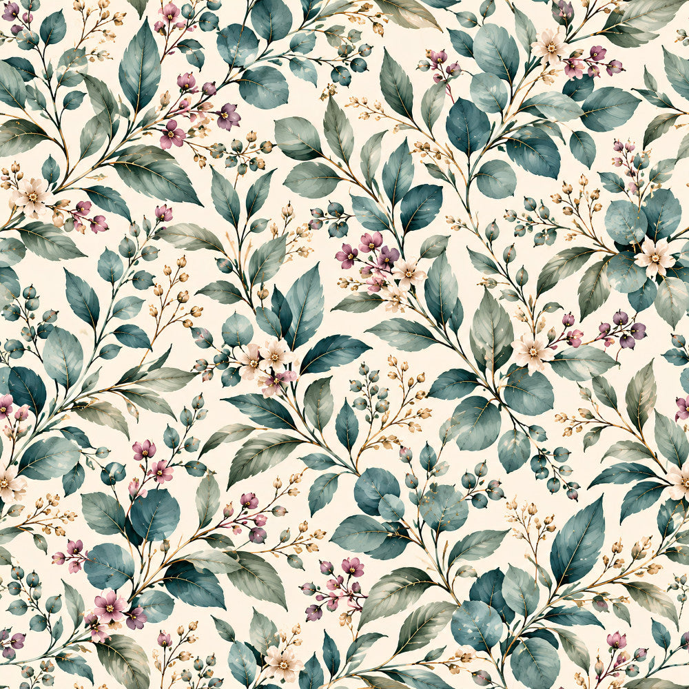 dusty rose, sage green, teal, cream, botanical, floral, watercolor, vintage, delicate flowers, eucalyptus, leaves, small blooms, spring, garden, nature, elegant, soft, romantic, cottage core, traditional, mauve flowers, golden accents, feminine, nursery, baby shower, timeless, botanical print, wildflowers, branches, peaceful