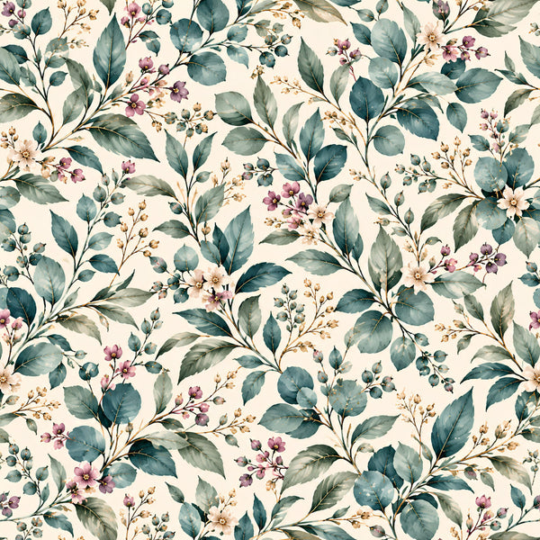 dusty rose, sage green, teal, cream, botanical, floral, watercolor, vintage, delicate flowers, eucalyptus, leaves, small blooms, spring, garden, nature, elegant, soft, romantic, cottage core, traditional, mauve flowers, golden accents, feminine, nursery, baby shower, timeless, botanical print, wildflowers, branches, peaceful