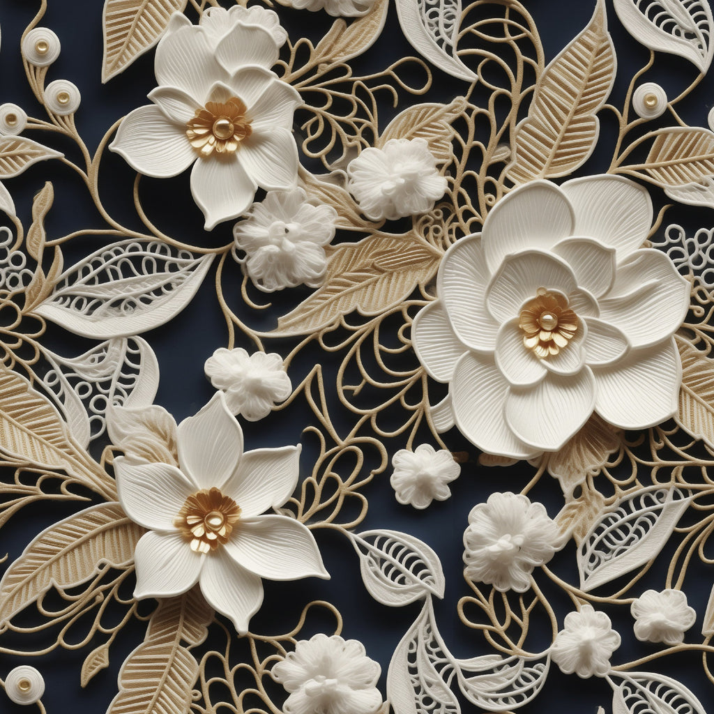 cream, ivory, beige, gold accents, navy blue background, floral motifs, lace pattern, tatting design, dimensional flowers, layered petals, intricate scrollwork, filigree details,, fabric panel, elegant florals, ornate leaves, decorative swirls, textured appearance, botanical elements, vintage lace style