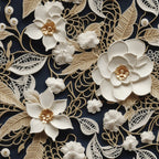 cream, ivory, beige, gold accents, navy blue background, floral motifs, lace pattern, tatting design, dimensional flowers, layered petals, intricate scrollwork, filigree details,, fabric panel, elegant florals, ornate leaves, decorative swirls, textured appearance, botanical elements, vintage lace style
