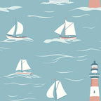 sage green, coral pink, white, cream, lighthouse, sailboats, nautical pattern, ocean waves, maritime theme, coastal design,, fabric panel, sailing vessels, seascape, muted pastels, geometric waves, seaside motif, boat illustration, marine elements, soft colors