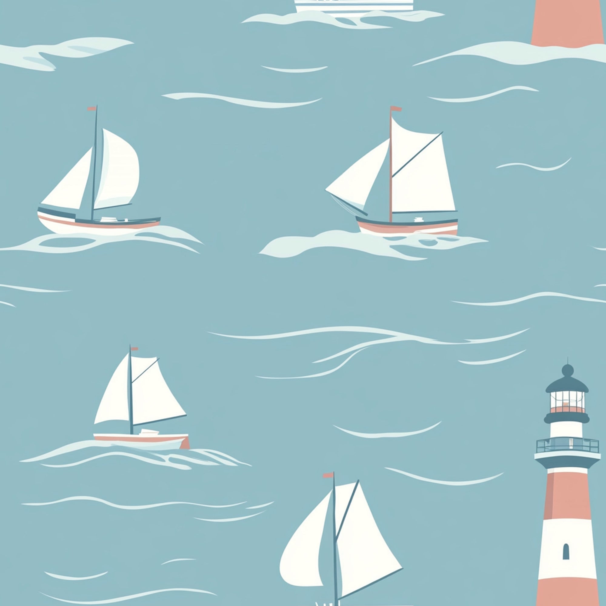 sage green, coral pink, white, cream, lighthouse, sailboats, nautical pattern, ocean waves, maritime theme, coastal design,, fabric panel, sailing vessels, seascape, muted pastels, geometric waves, seaside motif, boat illustration, marine elements, soft colors