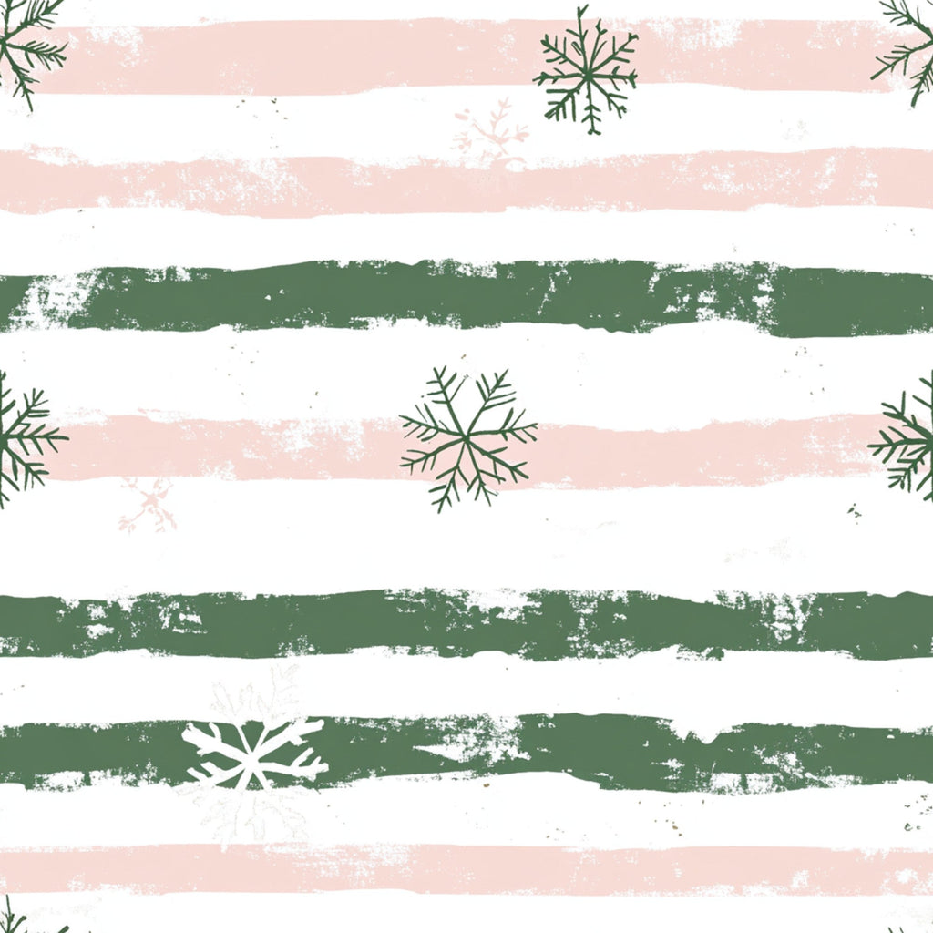 sweet pink, sage green, white, horizontal stripes, snowflakes, pine branches, evergreen sprigs, distressed texture, brush strokes, winter motifs, christmas theme,, fabric panel, seasonal design, festive pattern, holiday fabric, soft pastels, rustic finish, vintage style, botanical elements