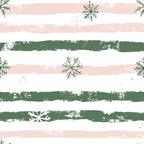 sweet pink, sage green, white, horizontal stripes, snowflakes, pine branches, evergreen sprigs, distressed texture, brush strokes, winter motifs, christmas theme,, fabric panel, seasonal design, festive pattern, holiday fabric, soft pastels, rustic finish, vintage style, botanical elements