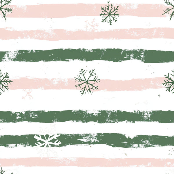 sweet pink, sage green, white, horizontal stripes, snowflakes, pine branches, evergreen sprigs, distressed texture, brush strokes, winter motifs, christmas theme,, fabric panel, seasonal design, festive pattern, holiday fabric, soft pastels, rustic finish, vintage style, botanical elements