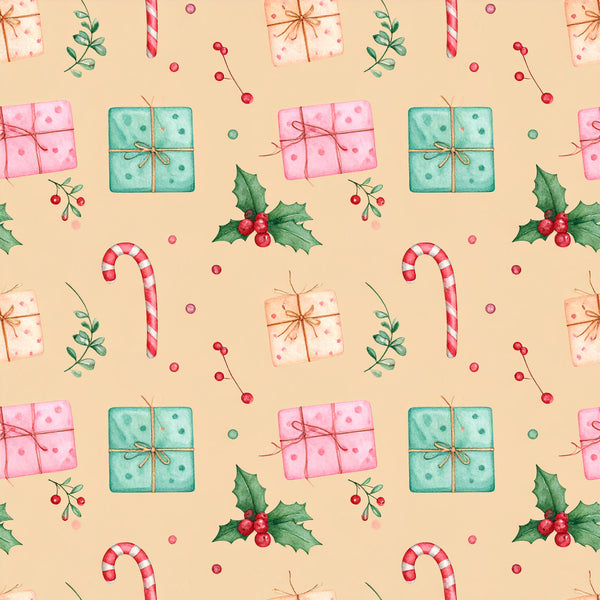 cream, blush pink, coral pink, mint green, teal green, red, holiday, christmas, festive, gifts, candy canes, holly, berries, presents, bows, ribbons, whimsical, traditional, vintage, seasonal, winter, christmas themed, gift wrapping inspired, decorative elements, scattered pattern, nature inspired, botanical, leaves, red berries, polka dots