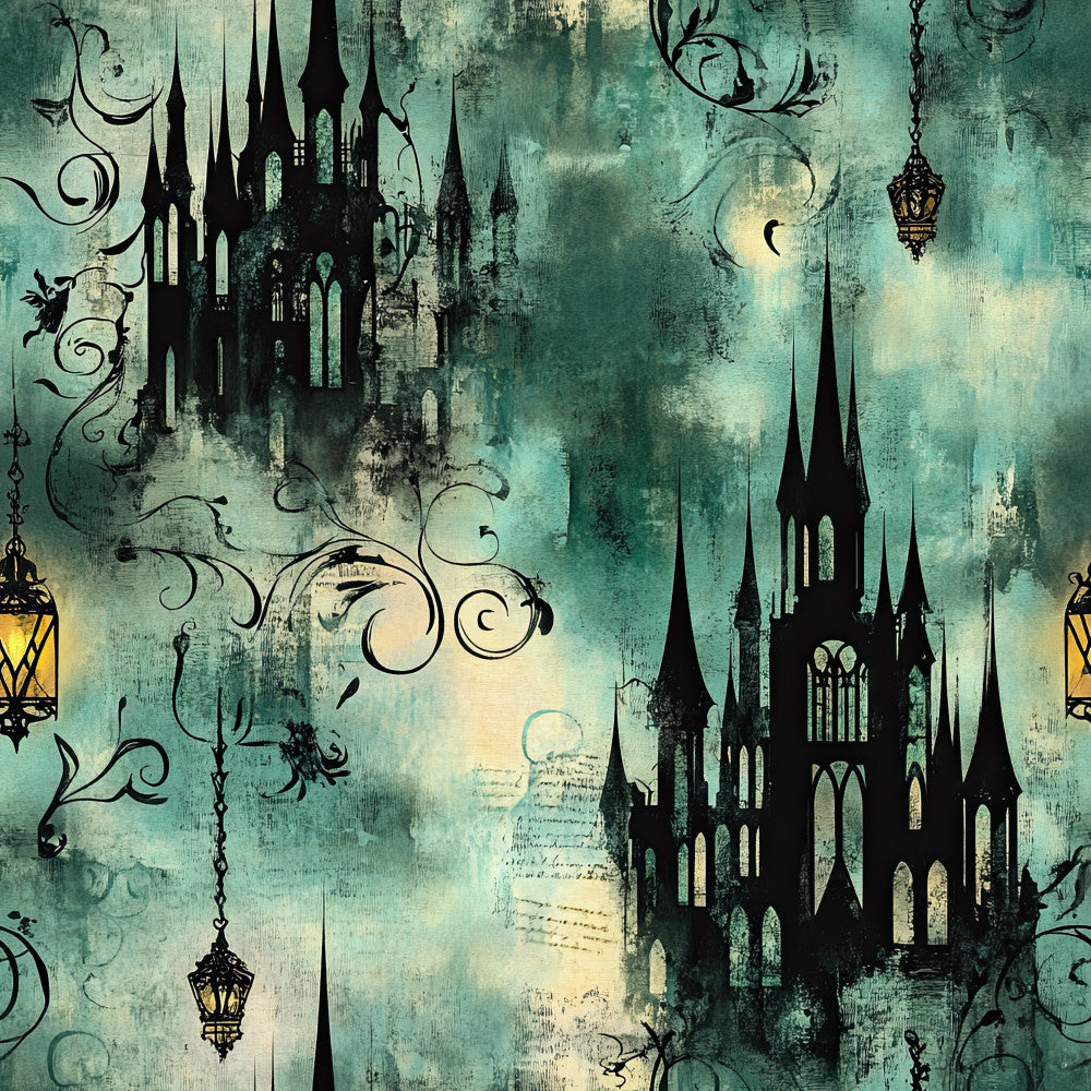 teal, mint green, turquoise, cream, black, gothic castle, fantasy castle, vintage, steampunk, whimsical, elegant, dark fantasy, ornate, decorative scrolls, flourishes, moon, crescent moon, lanterns, magical, enchanted, storybook, fairytale, victorian, moody, mystical, ornamental swirls, spires, towers, architectural, ethereal