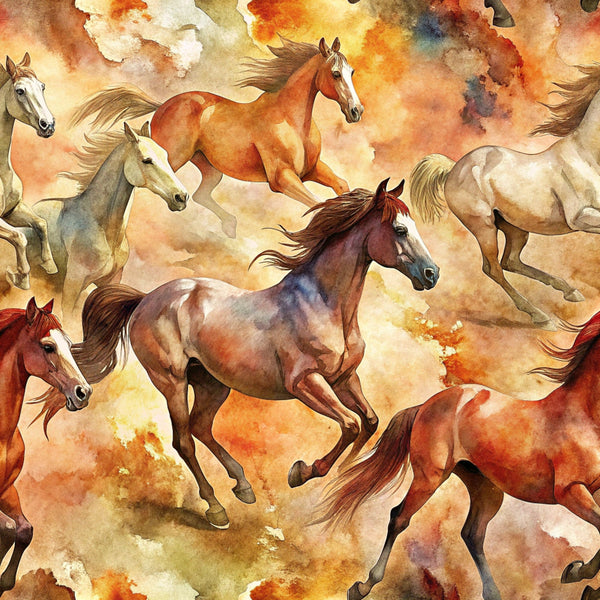 horses, wild horses, watercolor style, running horses, chestnut brown, cream white, orange, rust colors, golden yellow, earth tones, galloping motion, equestrian theme, western style, nature scene,, fabric panel, realistic horses, flowing manes, dynamic movement, warm palette