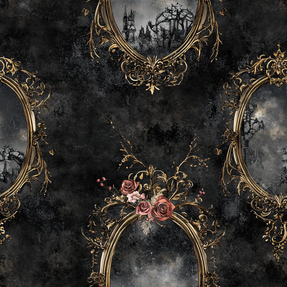 charcoal black, gold, dusty rose, blush pink, dark gray, vintage castle, gothic, ornate frames, baroque, floral roses, haunted mansion, dark romantic, elegant, whimsical, Victorian, luxury, moody atmosphere, twisted trees, ornamental scrollwork, fairy tale, dark fantasy, celestial elements, stormy sky, intricate details, dramatic, sophisticated, timeless, decorative borders, storybook aesthetic