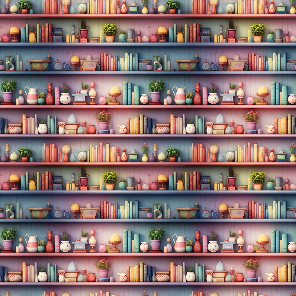 bookshelf pattern,, fabric panel, coral pink, sage green, blue books, pottery collection, potted plants, ceramic vases, decorative objects, repeating shelves, cozy interior, pastel colors, craft supplies, library theme, vintage style, whimsical illustration, home accessories, artistic rendering