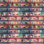 bookshelf pattern,, fabric panel, coral pink, sage green, blue books, pottery collection, potted plants, ceramic vases, decorative objects, repeating shelves, cozy interior, pastel colors, craft supplies, library theme, vintage style, whimsical illustration, home accessories, artistic rendering