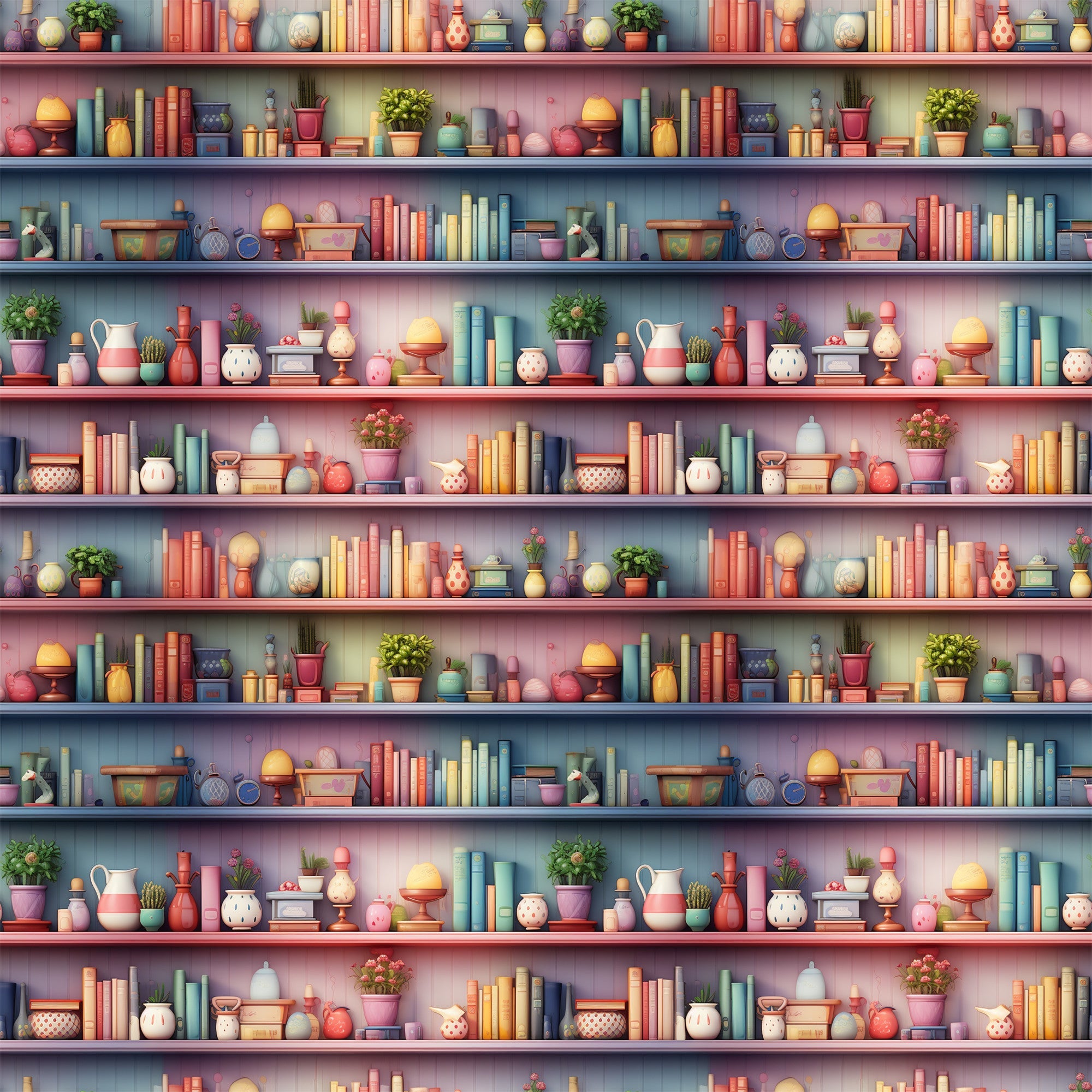 bookshelf pattern,, fabric panel, coral pink, sage green, blue books, pottery collection, potted plants, ceramic vases, decorative objects, repeating shelves, cozy interior, pastel colors, craft supplies, library theme, vintage style, whimsical illustration, home accessories, artistic rendering