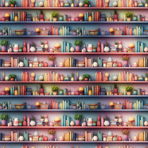bookshelf pattern,, fabric panel, coral pink, sage green, blue books, pottery collection, potted plants, ceramic vases, decorative objects, repeating shelves, cozy interior, pastel colors, craft supplies, library theme, vintage style, whimsical illustration, home accessories, artistic rendering