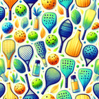 watercolor style, pickleball paddles, sports equipment, green balls, orange balls, blue balls, yellow paddles, teal paddles, geometric patterns, polka dots, scattered leaves, bottles,, fabric panel, athletic theme, recreational sports, bright colors, playful design, summer activities, racquet sports