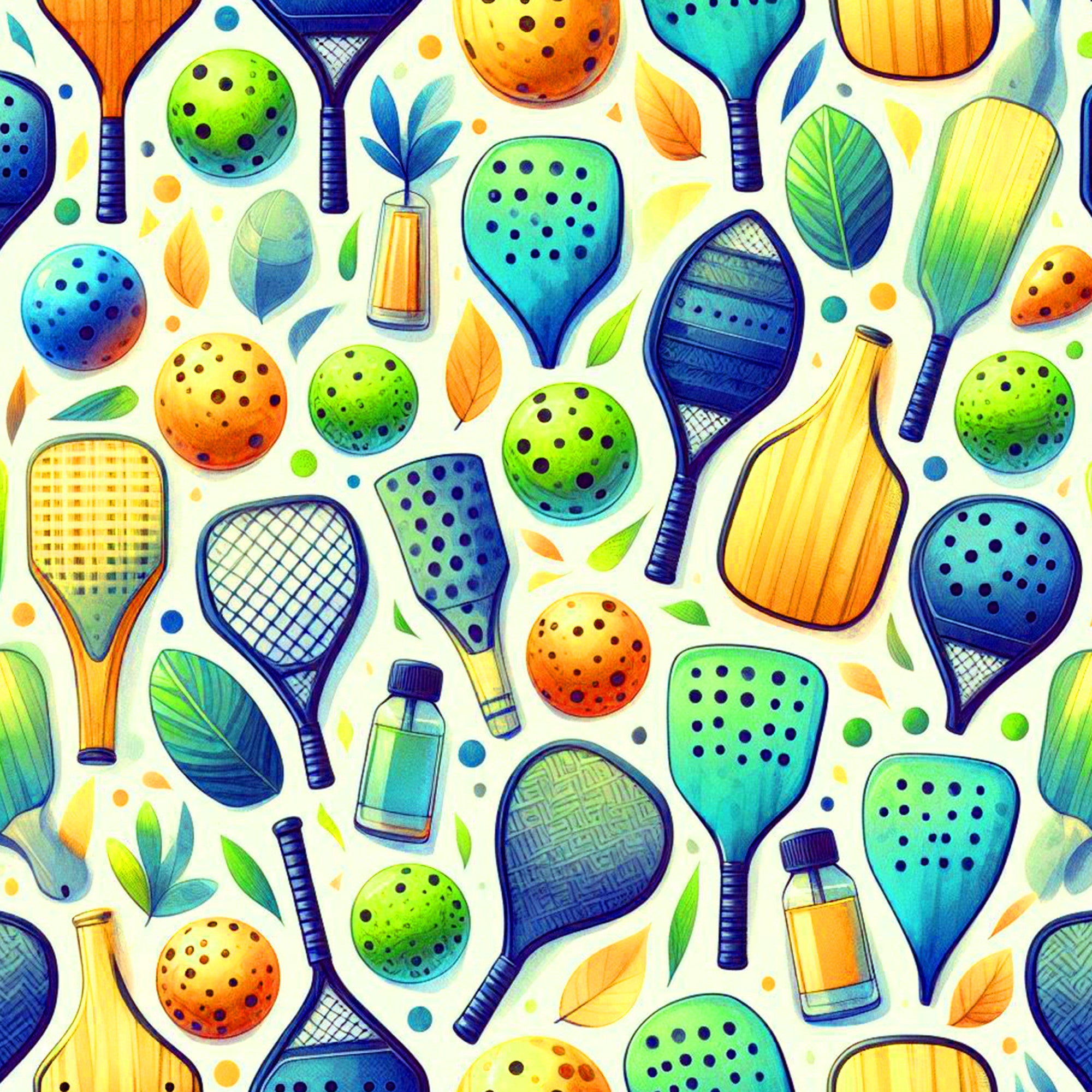 watercolor style, pickleball paddles, sports equipment, green balls, orange balls, blue balls, yellow paddles, teal paddles, geometric patterns, polka dots, scattered leaves, bottles,, fabric panel, athletic theme, recreational sports, bright colors, playful design, summer activities, racquet sports