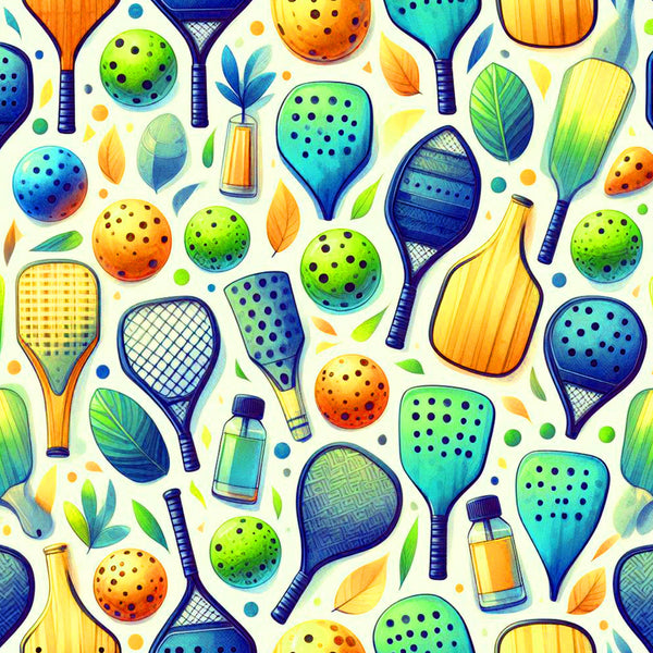 watercolor style, pickleball paddles, sports equipment, green balls, orange balls, blue balls, yellow paddles, teal paddles, geometric patterns, polka dots, scattered leaves, bottles,, fabric panel, athletic theme, recreational sports, bright colors, playful design, summer activities, racquet sports