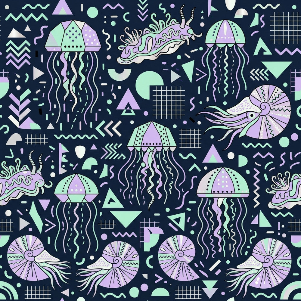 navy blue, mint green, lavender purple, pastel colors, jellyfish, sea creatures, ocean theme, nautical, celestial, moon, geometric shapes, abstract, triangles, wavy lines, dots, modern, whimsical, playful, undersea, marine life, kid's design, nursery decor, playroom, contemporary, trendy, artistic, sea life motifs, cosmic theme, aquatic creatures