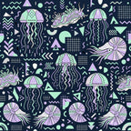 navy blue, mint green, lavender purple, pastel colors, jellyfish, sea creatures, ocean theme, nautical, celestial, moon, geometric shapes, abstract, triangles, wavy lines, dots, modern, whimsical, playful, undersea, marine life, kid's design, nursery decor, playroom, contemporary, trendy, artistic, sea life motifs, cosmic theme, aquatic creatures