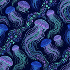 neon jellyfish, glow in the dark, bioluminescent, ocean, sea creatures, jellyfish, marine life, deep sea, navy blue, electric blue, neon purple, neon green, cyan, magenta, cosmic, underwater, nautical, modern, whimsical, psychedelic, vibrant, fluorescent, surreal, aquatic, ocean animals, kids room, playroom, nursery, sci-fi inspired, glowing elements