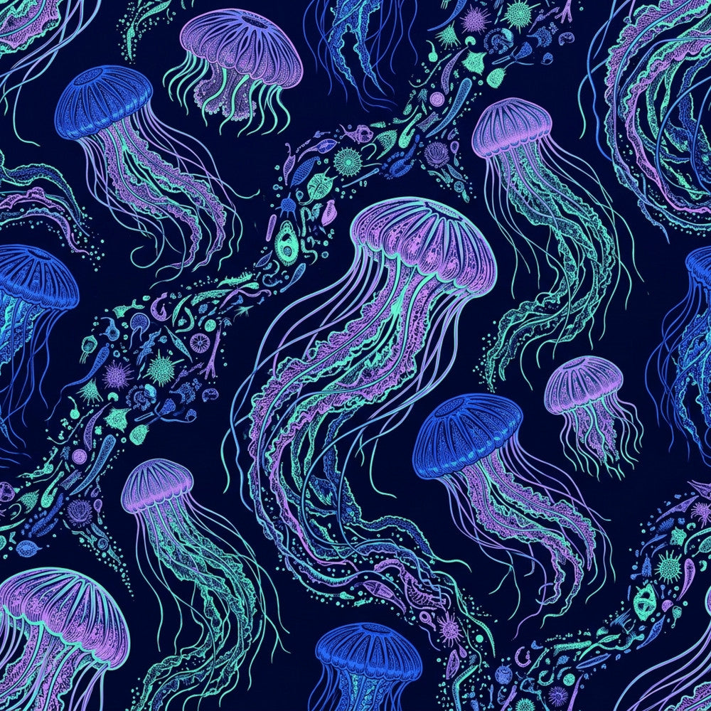neon jellyfish, glow in the dark, bioluminescent, ocean, sea creatures, jellyfish, marine life, deep sea, navy blue, electric blue, neon purple, neon green, cyan, magenta, cosmic, underwater, nautical, modern, whimsical, psychedelic, vibrant, fluorescent, surreal, aquatic, ocean animals, kids room, playroom, nursery, sci-fi inspired, glowing elements