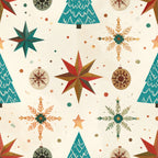 teal, forest green, red, gold, cream, rust, burgundy, geometric, stars, snowflakes, christmas, holiday, winter, trees, pine trees, festive, traditional, whimsical, retro, vintage, mid-century modern, ornaments, baubles, celestial, decorative, elegant, cozy, warm, seasonal, nursery
