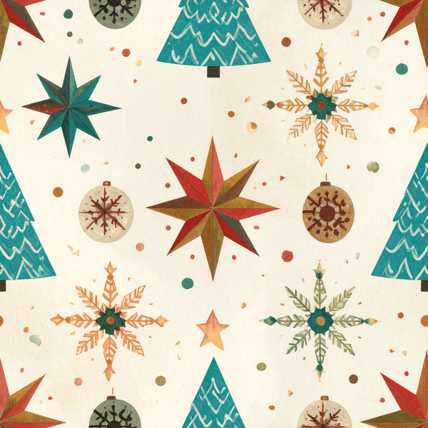 teal, forest green, red, gold, cream, rust, burgundy, geometric, stars, snowflakes, christmas, holiday, winter, trees, pine trees, festive, traditional, whimsical, retro, vintage, mid-century modern, ornaments, baubles, celestial, decorative, elegant, cozy, warm, seasonal, nursery