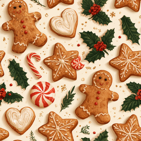 gingerbread, cookies, holiday, christmas, festive, cream, tan, brown, red, green, white, candy cane, peppermint, holly, berries, hearts, stars, snowflakes, whimsical, vintage, traditional, seasonal, winter, dessert, bakery, food, playroom, kids room, nursery, cheerful