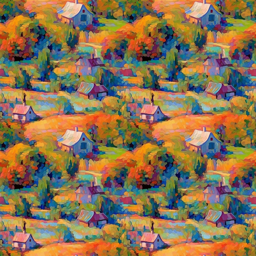impressionist style, autumn foliage, cottage houses, vibrant orange, deep blue, emerald green, purple accents, landscape scene, painterly brushstrokes, rolling hills, colorful trees, rural cottages, artistic pattern,, fabric panel, fall colors, countryside scene, monet inspired, repeating motif, nature scenery