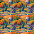 impressionist style, autumn foliage, cottage houses, vibrant orange, deep blue, emerald green, purple accents, landscape scene, painterly brushstrokes, rolling hills, colorful trees, rural cottages, artistic pattern,, fabric panel, fall colors, countryside scene, monet inspired, repeating motif, nature scenery