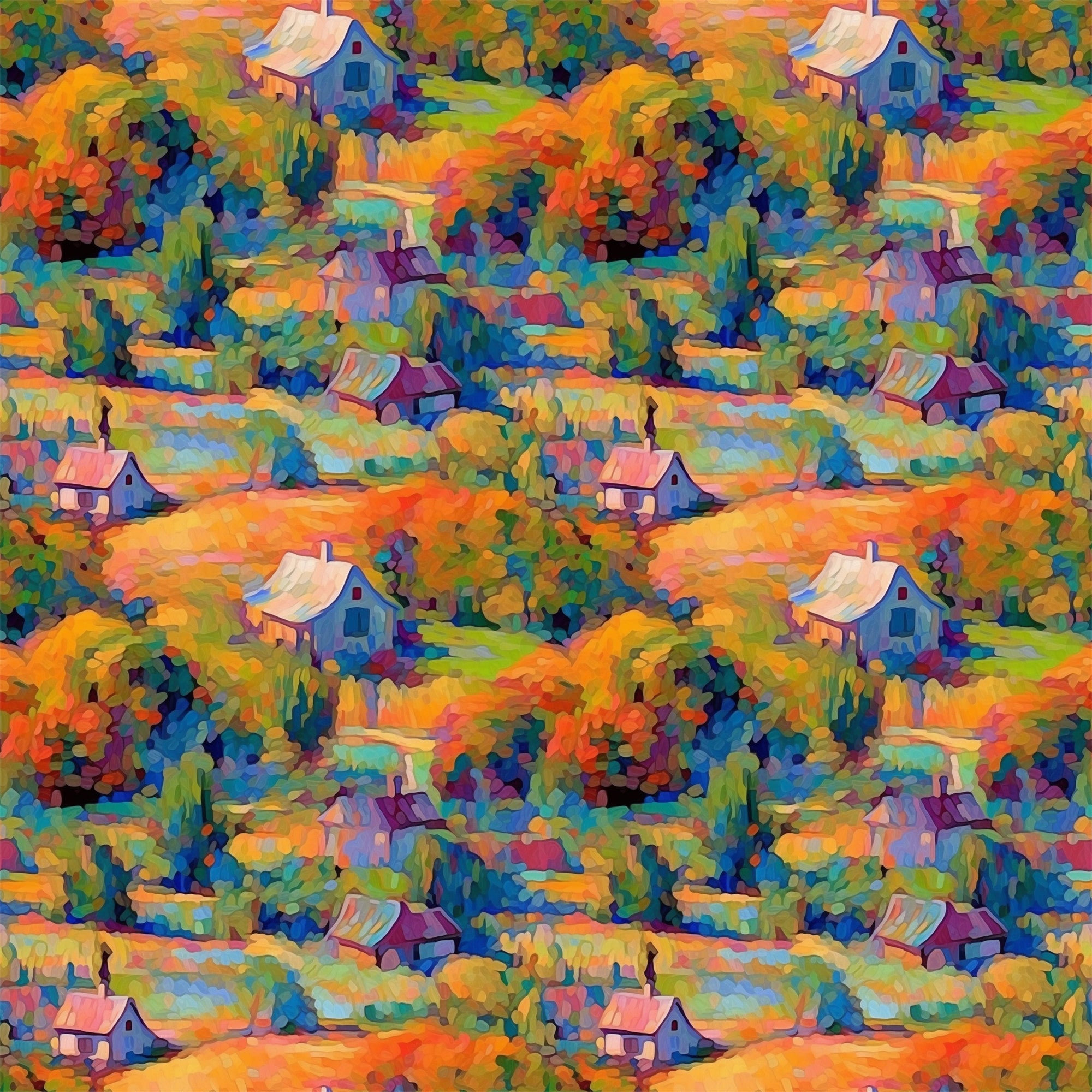 impressionist style, autumn foliage, cottage houses, vibrant orange, deep blue, emerald green, purple accents, landscape scene, painterly brushstrokes, rolling hills, colorful trees, rural cottages, artistic pattern,, fabric panel, fall colors, countryside scene, monet inspired, repeating motif, nature scenery