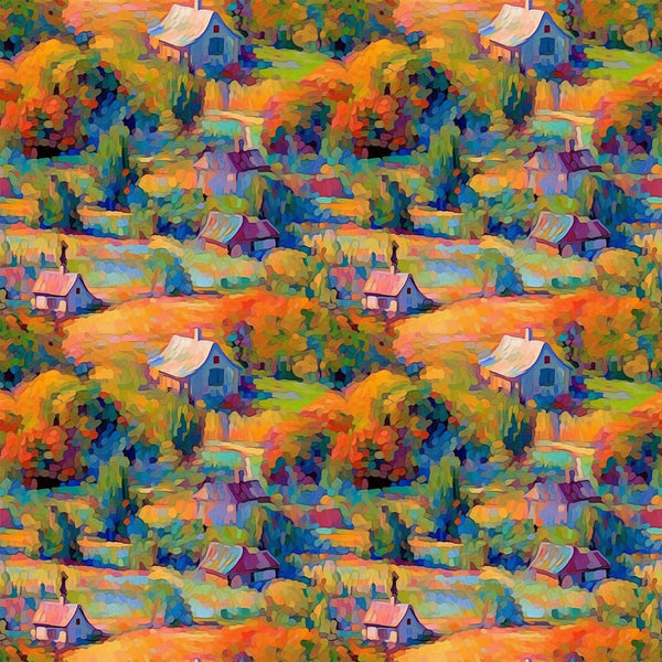 impressionist style, autumn foliage, cottage houses, vibrant orange, deep blue, emerald green, purple accents, landscape scene, painterly brushstrokes, rolling hills, colorful trees, rural cottages, artistic pattern,, fabric panel, fall colors, countryside scene, monet inspired, repeating motif, nature scenery